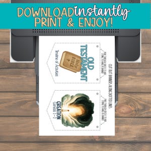 Może przedstawiać: Drukarka drukująca baner z tekstem "DOWNLOADinstantly PRINT & ENJOY!". Baner zawiera ilustracje i tekst związane ze Starym Testamentem i Stworzeniem. Baner jest przeznaczony do wycięcia i połączenia.