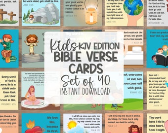 Scripture Cards Kids KJV Set of 40 INSTANT DOWNLOAD 4x4 with Adorable Illustrations | Encouraging Bible Verse Memory Cards |