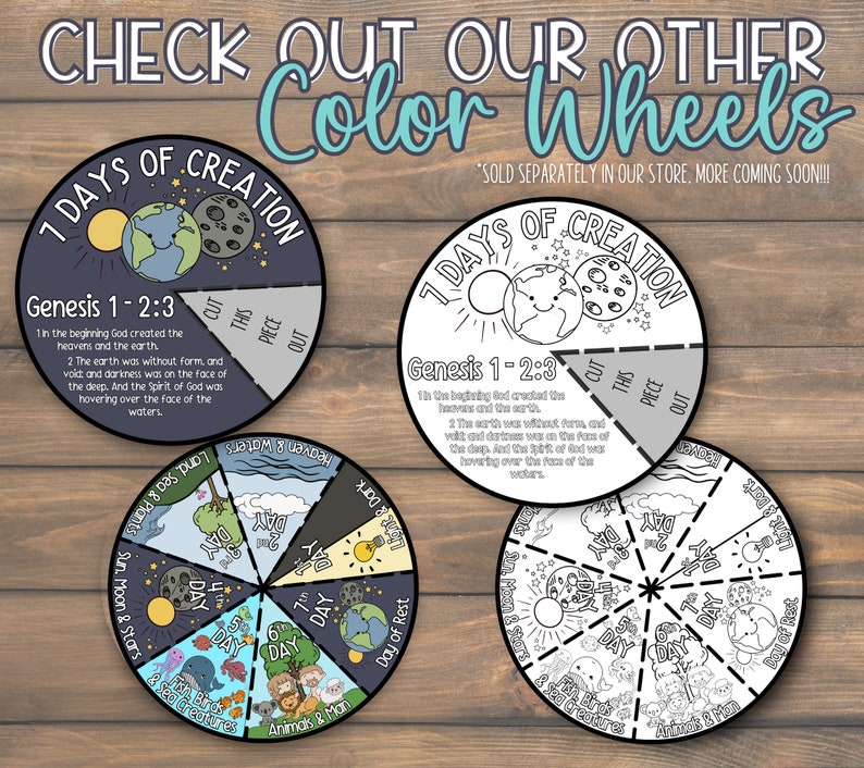 May include: Circular educational charts with the text "7 Days of Creation" and related illustrations. The charts are designed for coloring and include text from Genesis 1-2:3. The image also includes the text "CHECK OUT OUR OTHER Color Wheels".
