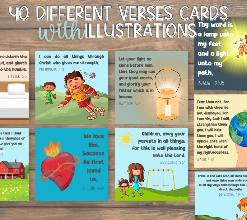 Pode incluir: Um conjunto de 40 cartas ilustradas com vers&iacute;culos b&iacute;blicos. Cada carta tem uma ilustra&ccedil;&atilde;o colorida e um vers&iacute;culo b&iacute;blico. Os vers&iacute;culos incluem "Tudo posso naquele que me fortalece." e "Assim brilhe a vossa luz diante dos homens, para que vejam as vossas boas obras e glorifiquem o vosso Pai que est&aacute; nos c&eacute;us."