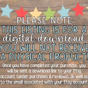 May include: A wooden background with text that reads "PLEASE NOTE - THIS LISTING IS FOR A digital download YOU WILL NOT RECEIVE A PHYSICAL PRODUCT!". Colourful star-shaped decorations are strung across the top.
