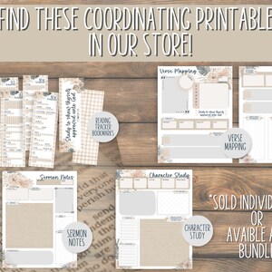 May include: A set of printable Bible study resources featuring floral designs in shades of beige and brown. The printables include a verse mapping sheet, a character study sheet, and sermon notes. The text "Study to show thyself approved unto God" is included on one of the printables. The text "Sold individually or available as a bundle" is also included.
