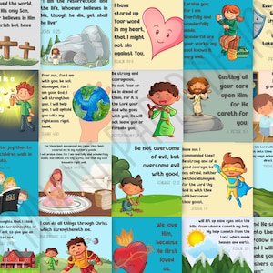 Pode incluir: Um conjunto colorido de 16 cart&otilde;es imprim&iacute;veis com vers&iacute;culos b&iacute;blicos inspiradores e ilustra&ccedil;&otilde;es de crian&ccedil;as. Cada cart&atilde;o apresenta um vers&iacute;culo diferente e um personagem de desenho animado. Os cart&otilde;es s&atilde;o perfeitos para encorajar crian&ccedil;as e adultos.