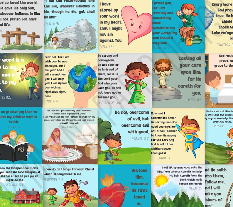 Pode incluir: Um conjunto colorido de 16 cart&otilde;es imprim&iacute;veis com vers&iacute;culos b&iacute;blicos inspiradores e ilustra&ccedil;&otilde;es de crian&ccedil;as. Cada cart&atilde;o apresenta um vers&iacute;culo diferente e um personagem de desenho animado. Os cart&otilde;es s&atilde;o perfeitos para encorajar crian&ccedil;as e adultos.