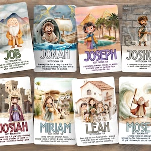 May include: Set of eight illustrated cards featuring biblical figures like Job, Jonah, and Joseph. Each card has a name, a brief description, and a colorful illustration. The cards are designed with a watercolor style and include text.