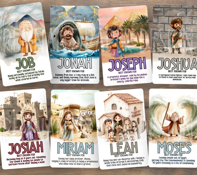 May include: Set of eight illustrated cards featuring biblical figures like Job, Jonah, and Joseph. Each card has a name, a brief description, and a colorful illustration. The cards are designed with a watercolor style and include text.