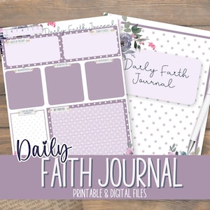 Może przedstawiać: Dziennik Wiary Daily w jasnofioletowym i białym kolorze. Dziennik zawiera sekcje do codziennych refleksji, modlitw i notatek. Słowa "Daily Faith Journal" są wyraźnie wyświetlane, wraz z "Printable & Digital Files".