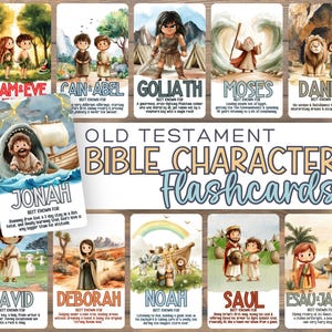 子供向け聖書登場人物フラッシュカード | 印刷可能な教育カード | キリスト教学習アクティビティ | 楽しい聖書学習ツール | 日曜学校
