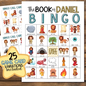 May include: A colorful bingo game card with illustrations from the Book of Daniel. The card features images of lions, a fiery furnace, a golden statue, and more. The text "The Book of Daniel Bingo" is at the top of the card.