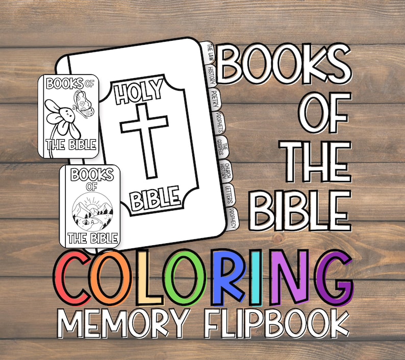 May include: A black and white coloring book with the words "Holy Bible" and a cross on the cover. The words "Books of the Bible" and "Coloring Memory Flipbook" are also visible. The image includes illustrations of a flower and a mountain scene.