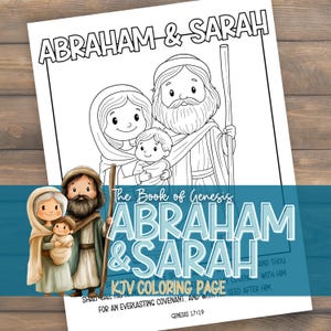 May include: A coloring page featuring the text "ABRAHAM & SARAH" at the top, with illustrations of Abraham, Sarah, and a child. The text "The Book of Genesis" and "KJV COLORING PAGE" are also present. The image is on a white background.
