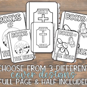 May include: Black and white line art of Bible covers with various designs, including a cross, a mountain scene, and butterflies. The text "BOOKS OF THE BIBLE" is visible on the covers. The image also includes the text "CHOOSE FROM 3 DIFFERENT cover designs FULL PAGE & HALF INCLUDED."