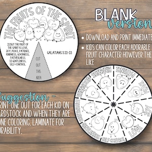 May include: A black and white printable educational activity featuring two circular designs. One circle displays the text "The Fruits of the Spirit" with fruit characters. The other circle lists the fruits of the spirit. The text "Blank Version" is also visible.