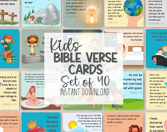 Simple Bible Verses for Kids Set of 40 INSTANT DOWNLOAD 4x4 with Adorable Illustrations | Encouraging Bible Verse Memory Cards |