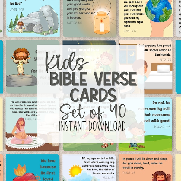 Simple Bible Verses for Kids Set of 40 INSTANT DOWNLOAD 4x4 with Adorable Illustrations | Encouraging Bible Verse Memory Cards |