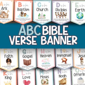 Pode incluir: Uma colorida faixa de versículos bíblicos ABC com ilustrações e texto. Cada faixa apresenta uma letra do alfabeto e um versículo bíblico correspondente. A faixa inclui palavras como Arca, Batismo, Igreja, Discípulos e Terra.
