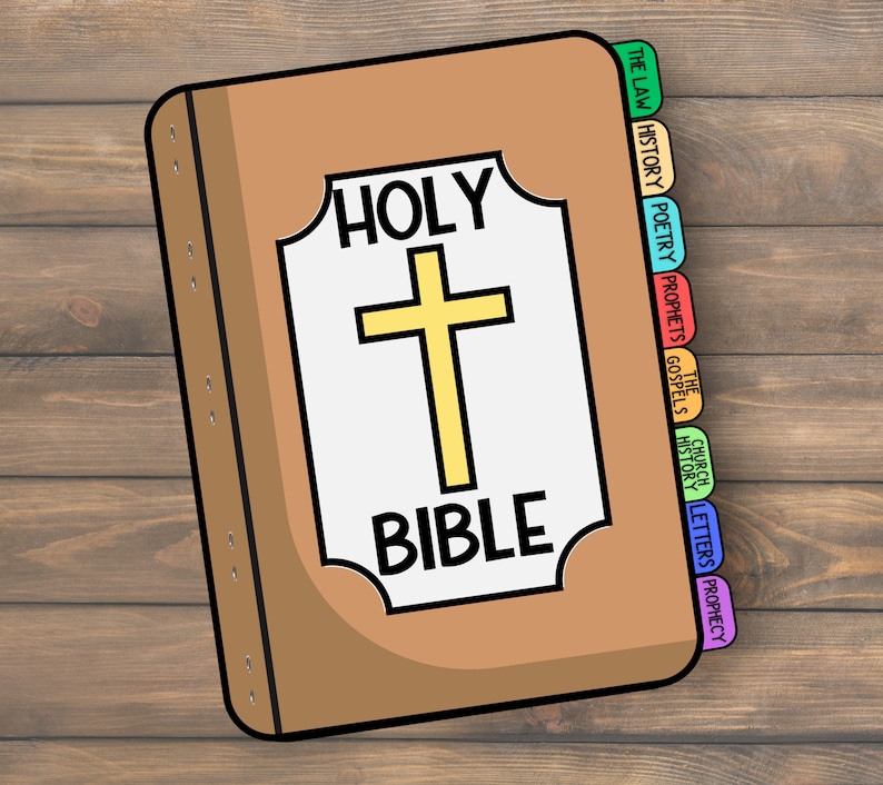 May include: A brown book with the words "HOLY BIBLE" on the cover. The book has tabs with the following labels: "The Law", "History", "Poetry", "Prophets", "The Gospels", "Church History", "Letters", "Prophecy".