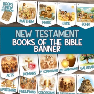 May include: A banner displaying illustrations and text from the New Testament. The banner includes individual pennants with book names such as Matthew, Mark, Luke, and John, and the text "New Testament Books of the Bible Banner."