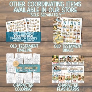 Może przedstawiać: Obraz czterech produkt&oacute;w edukacyjnych: chronologii Starego Testamentu, gry w bingo, kolorowanek i fiszek. Produkty zawierają ilustracje i tekst związane z postaciami i wydarzeniami biblijnymi. Tekst zawiera "Stary Testament" i nazwy produkt&oacute;w.