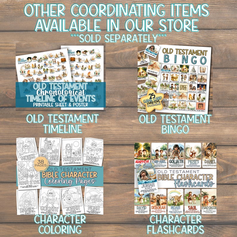 Może przedstawiać: Obraz czterech produkt&oacute;w edukacyjnych: chronologii Starego Testamentu, gry w bingo, kolorowanek i fiszek. Produkty zawierają ilustracje i tekst związane z postaciami i wydarzeniami biblijnymi. Tekst zawiera "Stary Testament" i nazwy produkt&oacute;w.