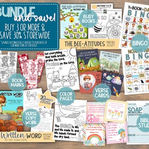 May include: A selection of printable Christian educational resources, such as colouring pages, verse cards, bookmarks, and bingo games. The image includes the text "Bundle and Save" and "Buy 3 or More & Save 30% Storewide."