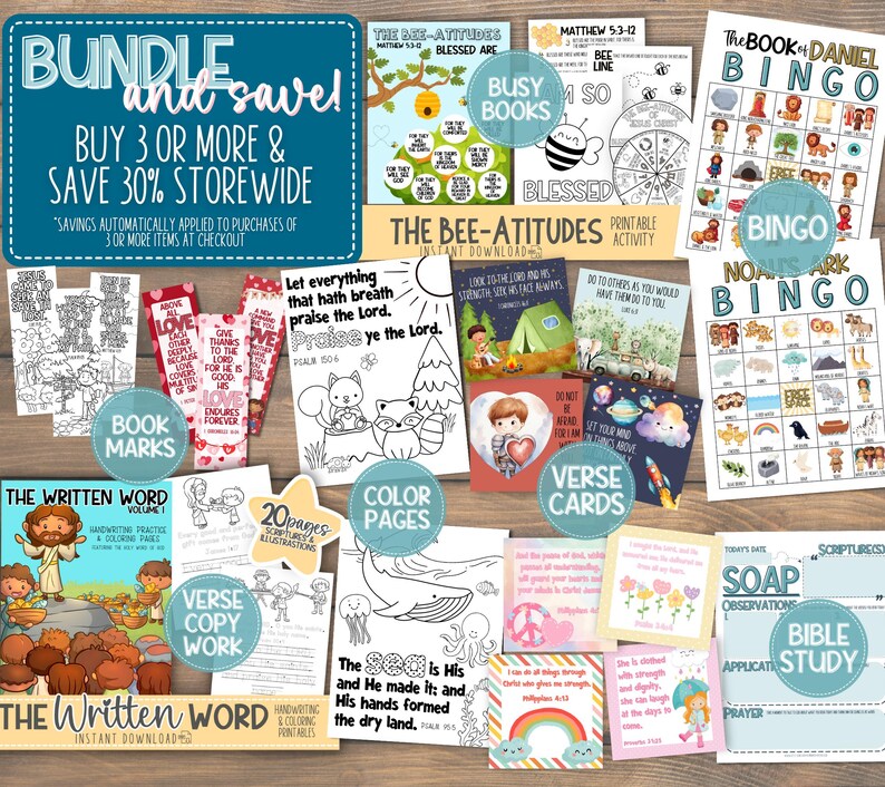 May include: A selection of printable Christian educational resources, such as colouring pages, verse cards, bookmarks, and bingo games. The image includes the text "Bundle and Save" and "Buy 3 or More & Save 30% Storewide."