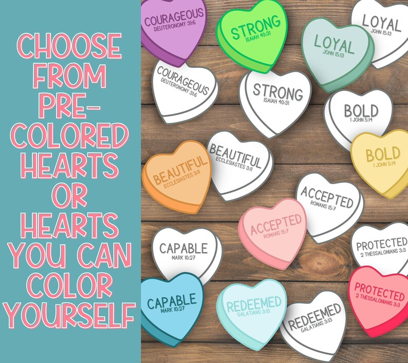 May include: A set of printable heart-shaped Valentine's Day cards with different colours and bible verses. The cards feature words like 'courageous', 'strong', 'loyal', 'bold', 'beautiful', 'capable', 'accepted', 'redeemed', and 'protected'.