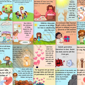 Pode incluir: Uma cole&ccedil;&atilde;o de 16 cart&otilde;es ilustrados coloridos com vers&iacute;culos b&iacute;blicos e imagens. Os cart&otilde;es apresentam uma variedade de temas, incluindo amor, f&eacute;, fam&iacute;lia e perd&atilde;o. Cada cart&atilde;o inclui um vers&iacute;culo b&iacute;blico e uma ilustra&ccedil;&atilde;o colorida.