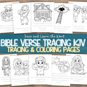 Può includere: Una raccolta di pagine da colorare e ricalcare versetti biblici in bianco e nero. Le pagine presentano illustrazioni di persone, case e oggetti, con testo tratto dalla Bibbia. Viene visualizzato il titolo "BIBLE VERSE TRACING KJV TRACING & COLORING PAGES".
