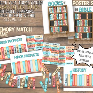 May include: Educational printable learning tools featuring the "Books of the Bible." The image shows a memory match game, posters, and book-themed graphics. The colour palette includes orange, blue, and brown, with text labels for each book.