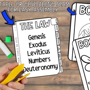 May include: A black and white printable Bible study guide with the text "THE LAW" and the books of Genesis, Exodus, Leviticus, Numbers, and Deuteronomy. Includes tabs for easy reference. A yellow stapler and glue stick are also visible.