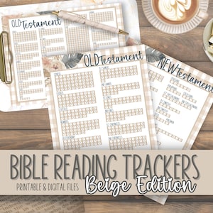 May include: Beige printable Bible reading trackers with a checkered background. The trackers are divided into Old Testament and New Testament sections. Each section lists the books of the Bible and has a grid of circles for marking off days read.