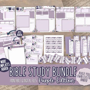 Könnte beinhalten: Lilafarbener Bibelstudien-Paket mit druckbaren und digitalen Dateien. Enthält Vorlagen für Verszuordnung, Predigtnotizen, Charakterstudien, Wortstudien, Buchzusammenfassungen und mehr. Erstellen Sie Ihren eigenen individuellen Ordner.