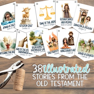 Może przedstawiać: Zbi&oacute;r ilustrowanych historii biblijnych ze Starego Testamentu. Obrazy przedstawiają r&oacute;żne sceny i postacie, w tym Jonasza, Złotego Cielca oraz Dawida i Goliata. Tekst brzmi "38 Ilustrowanych Opowieści ze Starego Testamentu."