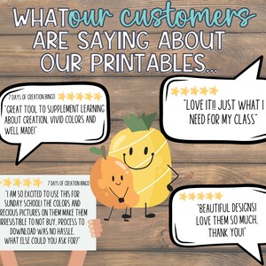 May include: A digital print featuring a smiling pineapple and orange character with customer reviews in speech bubbles. The reviews praise the product's vivid colors, designs, and ease of use. The text reads: "WHAT our customers are saying about our printables..."