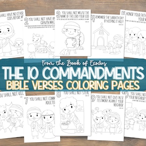 Könnte beinhalten: Schwarz-weiß-Malvorlagen mit Illustrationen der Zehn Gebote aus dem Buch Exodus. Jede Seite enthält ein Gebot, einen Bibelvers und eine einfache Illustration.