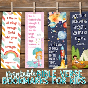 May include: Four printable bookmarks for kids with colorful illustrations and bible verses. The bookmarks feature a rainbow, a girl with an umbrella, a rocket ship, and a campfire.