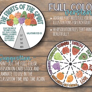 May include: A colorful educational chart featuring illustrations of fruits representing the Fruits of the Spirit. The chart includes text from Galatians 5:22-23 and instructions to cut out a section. The design is intended for classroom use.