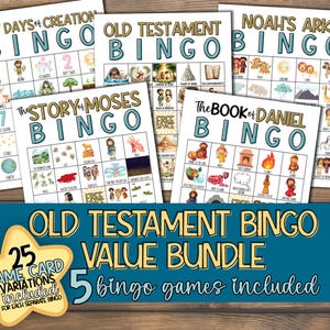 Pacchetto stampabile di Bible Bingo - 5 giochi biblici dell&#39;Antico Testamento per bambini / Bingo della scuola domenicale / Attività VBS / Materiali stampabili per la scuola domestica cristiana
