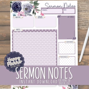 May include: A printable sermon notes page with a purple and white polka dot background. The page includes sections for the main topic, scriptures referenced, key verses, notes, study further, and prayer requests. The page also features a floral design with watercolor flowers in shades of blue and pink.
