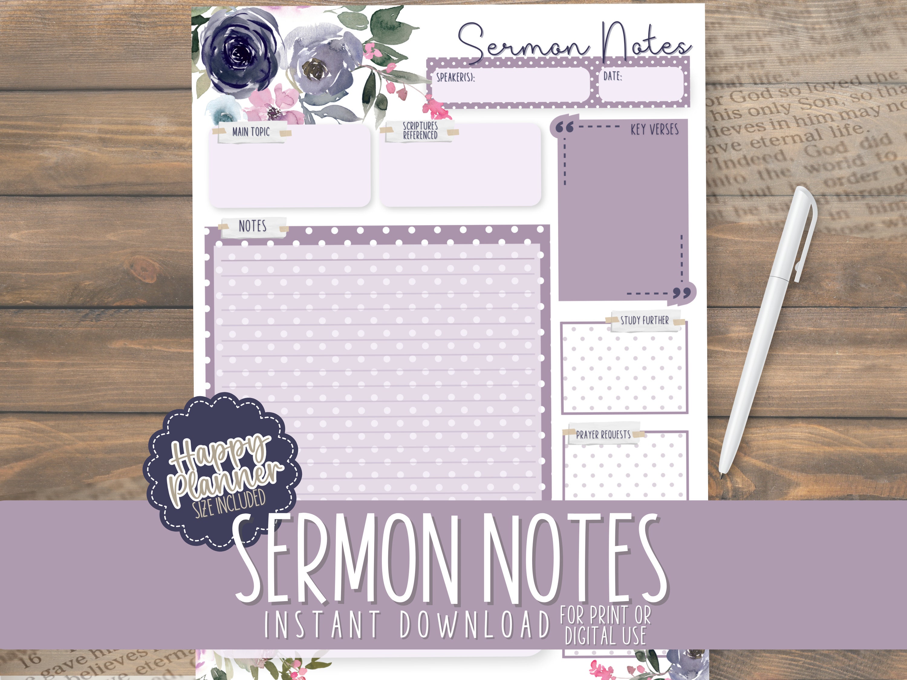Sermon Notes Goodnotes PDF | Purple Floral | Happy Planner | Instant Download Printable | Bible Journaling | Church Notebook | Note Taking |