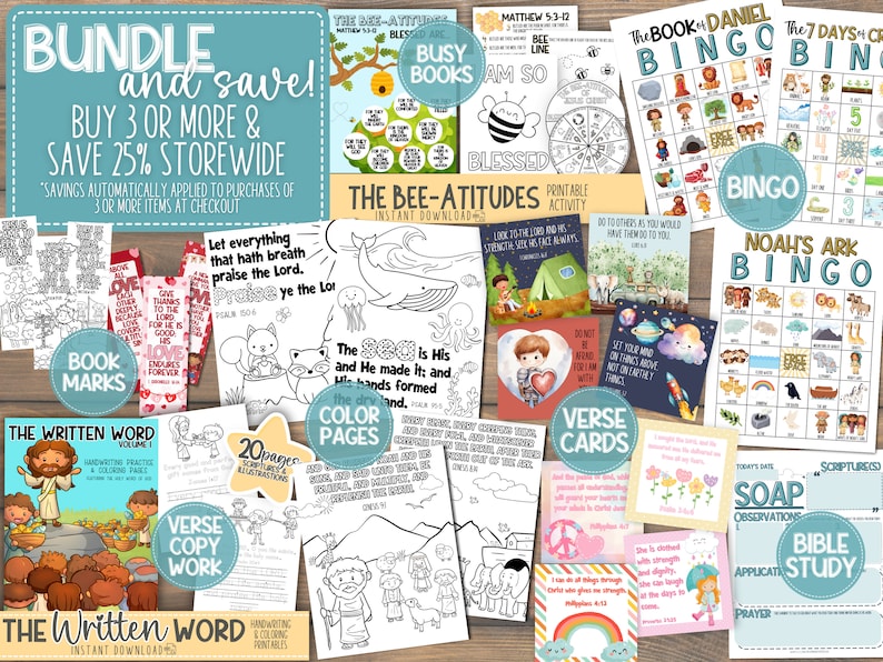 May include: A colorful collection of printable Christian educational resources for kids. The set includes coloring pages, bingo cards, book marks, verse cards, and more. The resources feature themes like Noah's Ark, The Bee-Attitudes, and The Written Word.