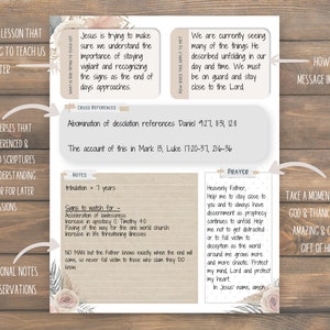 May include: A printable worksheet with a beige background and floral accents. The worksheet is divided into sections with headings such as "Identify the lesson that God is trying to teach us in this chapter", "List out the verses that are cross-referenced", "Explore related scriptures for a fuller understanding during study or for later study sessions", "Any additional notes and/or observations", "Notes", "Prayer", and "How does this message impact me?" The worksheet includes text about the abomination of desolation, the account of this in Mark 8, Luke 17:20-37, 21:6-36, and a prayer to Heavenly Father.