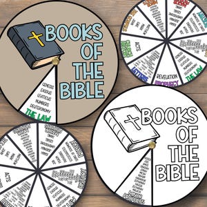 May include: Four circular educational charts with the text "Books of the Bible". Each chart features a book and a spinner. The charts are in color and black and white. The charts are on a wooden surface.