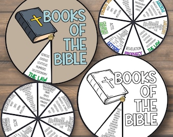 May include: Four circular educational charts with the text "Books of the Bible". Each chart features a book and a spinner. The charts are in color and black and white. The charts are on a wooden surface.