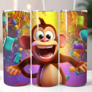 3D Monkey Tumbler Wrap Téléchargement numérique 20oz Skinny Tumbler Wrap Cartoon Animal Sublimation Print Design Straight Kids Tumbler PNG