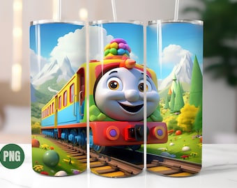 3D Cartoon Train Tumbler Wrap Floral Quilled Paper Sublimation Design Straight Tumbler Kids Sublimation Tumbler for Boys Children PNG