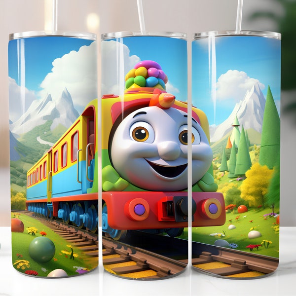 3D Cartoon Train Tumbler Wrap Floral Quilled Paper Sublimation Design Straight Tumbler Kids Sublimation Tumbler for Boys Children PNG