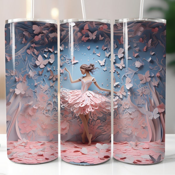 Quilled 3D Ballerina Tumbler Wrap Digital Download Butterflies 20oz Skinny Tumbler Wrap Ballet Quilled Paper Sublimation Straight Design PNG