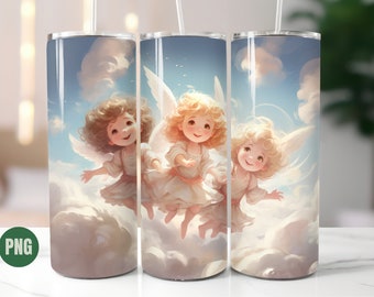 3D Angels Tumbler Wrap Bundle 20oz Skinny Tumbler Cute Angelic Sublimation Tumbler Angel Clouds Design PNG